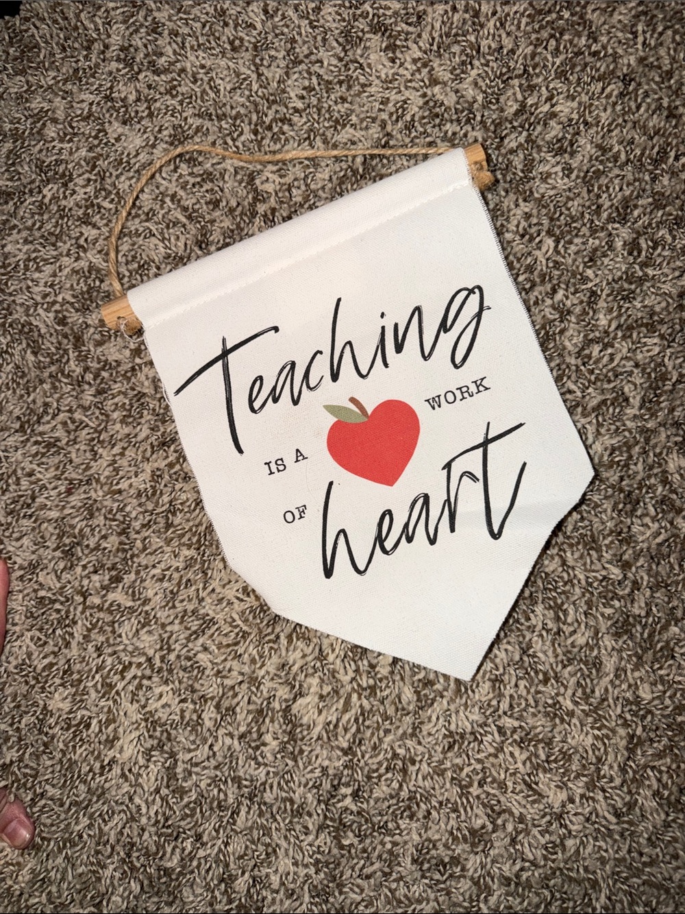 Teaching Is a Work of Heart Canvas Wall Banner - White and Red